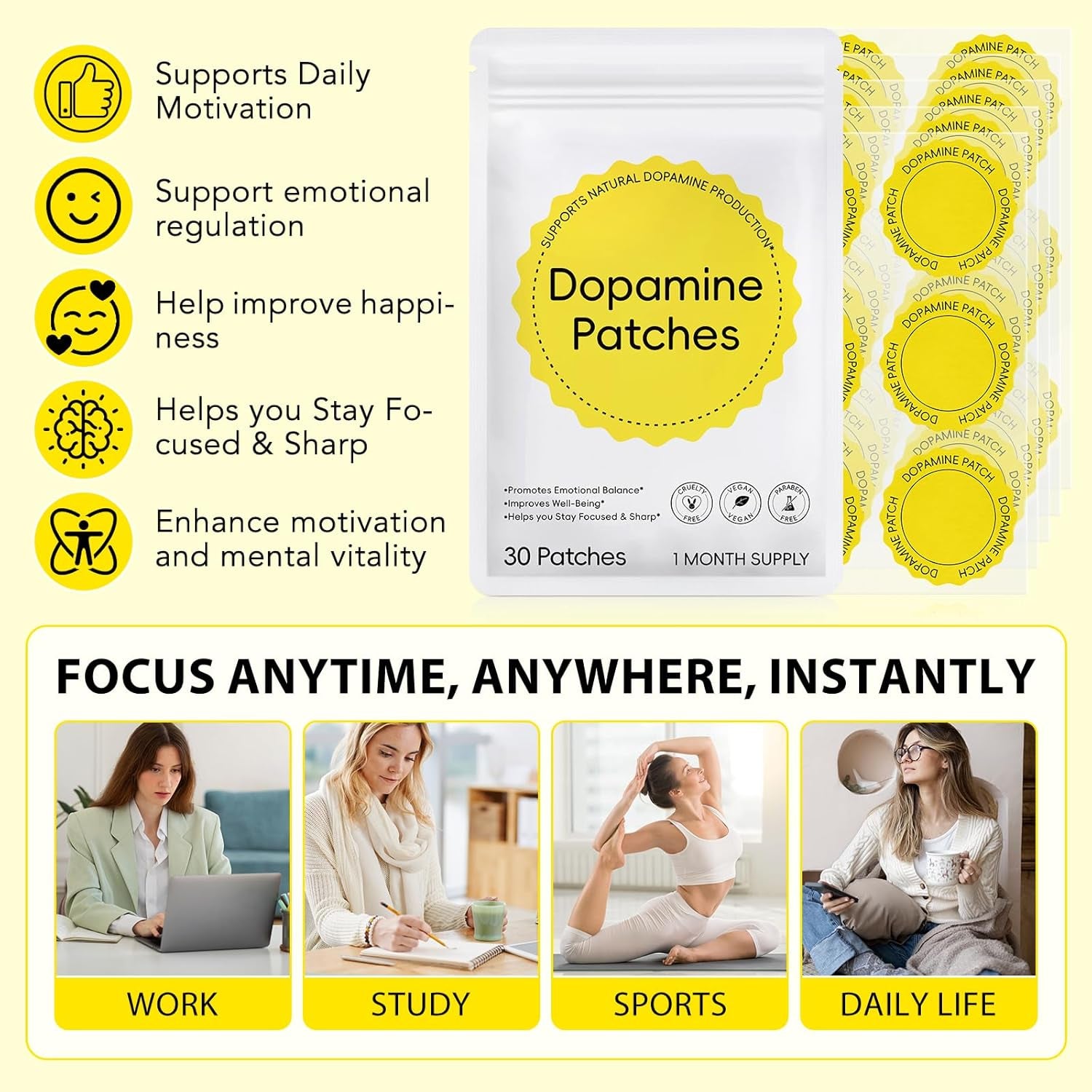 Dopamine Patches, 30 Vegan Mood Support Patches to Promote Emotional Balance, Improve Well-Being & Help You Keep Focused, Happy & Sharp, Natural Dopamine Patches for Men Women