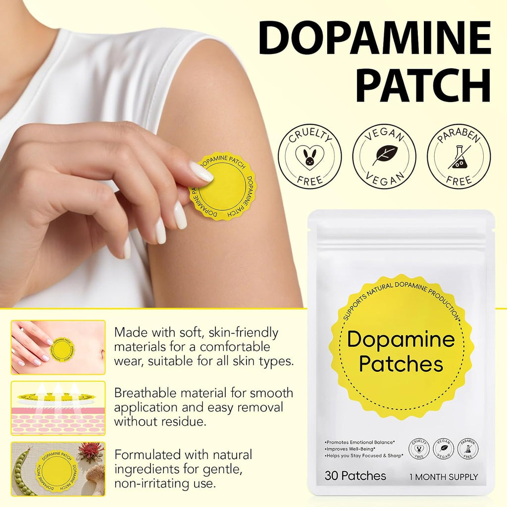 Dopamine Patches, 30 Vegan Mood Support Patches to Promote Emotional Balance, Improve Well-Being & Help You Keep Focused, Happy & Sharp, Natural Dopamine Patches for Men Women